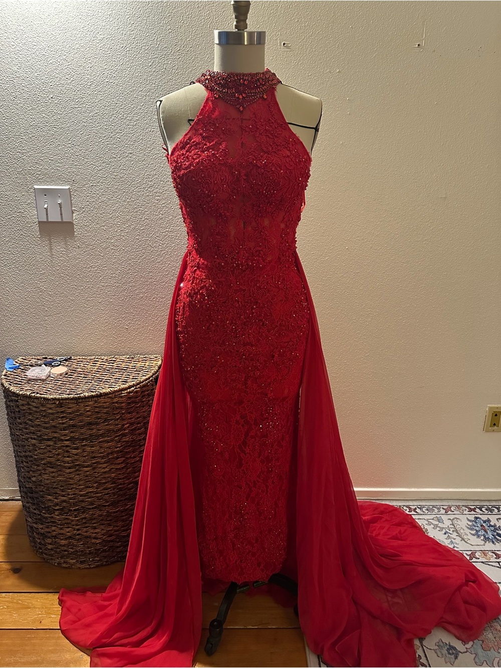 Mac Duggal Sample Dress- Red Beaded Halter Evening Gown